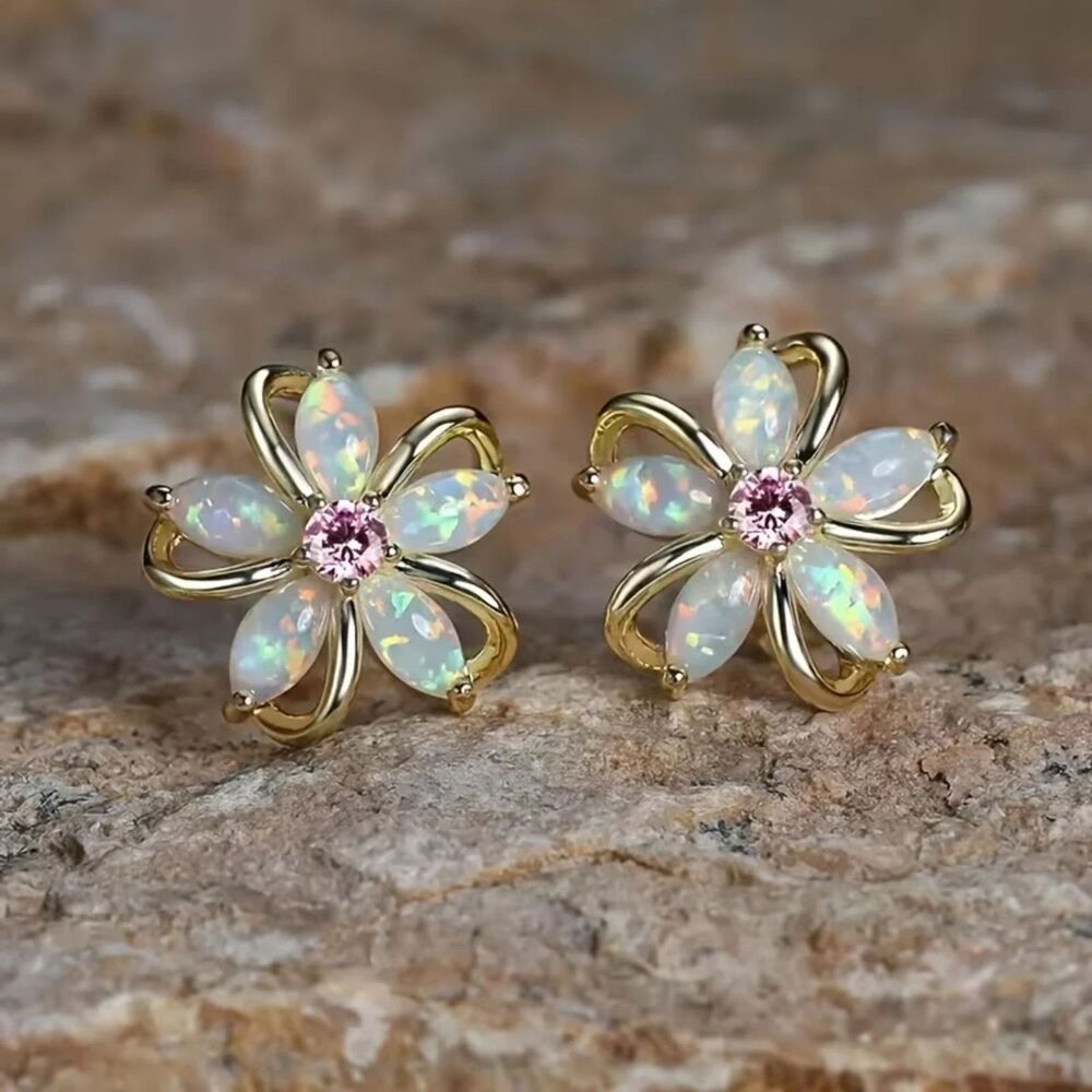 Elegant Gold Floral Opal Earrings Multi Gemstone Crystal Stud Fashion Jewelry